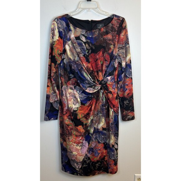 ADRIANNA PAPELL Knot Front Faux Wrap Floral Sheath Dress 12 Long Sleeve Jersey - Picture 2 of 16